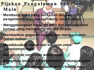 Pijakan Pengalaman Sebelum Main Membaca buku yang berkaitan dengan pengalaman atau mengundang nara sumber Menggabungkan kosakata baru dan menunjukkan konsep yang mendukung standar kinerja Memberikan gagasan bagaimana menggunakan bahan-bahan Mendiskusikan aturan dan harapan untuk pengalaman main Menjelaskan rangkaian waktu main Mengelola anak untuk keberhasilan hubungan sosial Merancang dan menerapkan urutan transisi main 