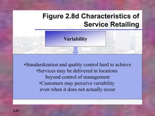 2-27
Figure 2.8d Characteristics of
Service Retailing
Variability
•Standardization and quality control hard to achieve
•Services may be delivered in locations
beyond control of management
•Customers may perceive variability
even when it does not actually occur
 