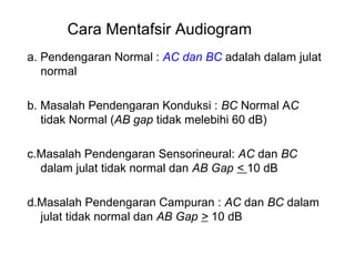 Cara Mentafsir Audiogram
a. Pendengaran Normal : AC dan BC adalah dalam julat
normal
b. Masalah Pendengaran Konduksi : BC Normal AC
tidak Normal (AB gap tidak melebihi 60 dB)
c.Masalah Pendengaran Sensorineural: AC dan BC
dalam julat tidak normal dan AB Gap < 10 dB
d.Masalah Pendengaran Campuran : AC dan BC dalam
julat tidak normal dan AB Gap > 10 dB

 