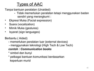 Types of AAC
Tanpa bantuan peralatan (Unaided)
- Tidak memerlukan peralatan tetapi menggunakan badan
sendiri yang merangkumi :
• Ekpresi Muka (Facial expression)
• Suara (vocalization)
• Mimik Muka (gestures)
• Isyarat (sign languages)
Berbantu ( Aided)
- memerlukan peralatan luar (external devices)
- menggunakan teknologi (High Tech & Low Tech)
contoh : Communication books
* simbol dan bunyi
* pelbagai bantuan komunikasi berdasarkan
keperluan murid
40

 