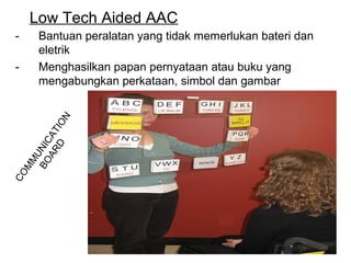 Low Tech Aided AAC
-

CO
M
MU
BO NIC
AR AT
D IO

N

-

Bantuan peralatan yang tidak memerlukan bateri dan
eletrik
Menghasilkan papan pernyataan atau buku yang
mengabungkan perkataan, simbol dan gambar

41

 