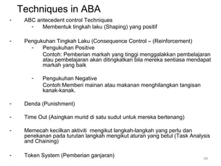 Techniques in ABA
-

ABC antecedent control Techniques
Membentuk tingkah laku (Shaping) yang positif

-

Pengukuhan Tingkah Laku (Consequence Control – (Reinforcement)
Pengukuhan Positive
Contoh: Pemberian markah yang tinggi menggalakkan pembelajaran
atau pembelajaran akan ditingkatkan bila mereka sentiasa mendapat
markah yang baik
-

Pengukuhan Negative
Contoh:Memberi mainan atau makanan menghilangkan tangisan
kanak-kanak.

-

Denda (Punishment)

-

Time Out (Asingkan murid di satu sudut untuk mereka bertenang)

-

Memecah kecilkan aktiviti mengikut langkah-langkah yang perlu dan
penekanan pada turutan langkah mengikut aturan yang betul (Task Analysis
and Chaining)

-

Token System (Pemberian ganjaran)

49

 