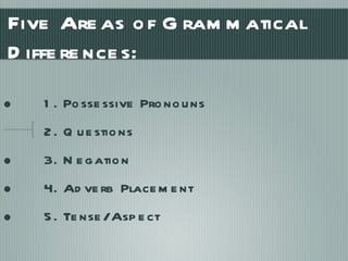 Five Areas of Grammatical Differences: 1. Possessive Pronouns 2. Questions 3. Negation 4. Adverb Placement 5. Tense/Aspect 