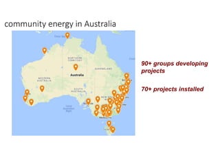 90+ groups developing
projects
70+ projects installed
community energy in Australia
 