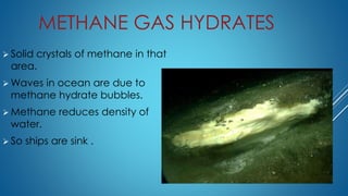 METHANE GAS HYDRATES
 Solid crystals of methane in that
area.
 Waves in ocean are due to
methane hydrate bubbles.
 Methane reduces density of
water.
 So ships are sink .
 
