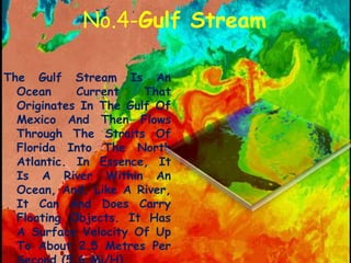 No.4-Gulf Stream
The Gulf Stream Is An
Ocean Current That
Originates In The Gulf Of
Mexico And Then Flows
Through The Straits Of
Florida Into The North
Atlantic. In Essence, It
Is A River Within An
Ocean, And, Like A River,
It Can And Does Carry
Floating Objects. It Has
A Surface Velocity Of Up
To About 2.5 Metres Per
 