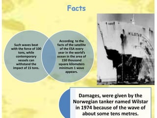 Facts
Such waves beat
with the force of 100
tons, while
contemporary
vessels can
withstand the
impact of 15 tons.
According to the
facts of the satellite
of the ESA every
year in the world’s
ocean in the area of
150 thousand
square kilometers
minimum 1 wave
appears.
Damages, were given by the
Norwegian tanker named Wilstar
in 1974 because of the wave of
about some tens metres.
 
