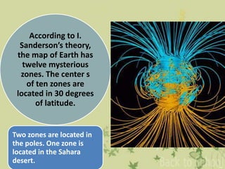 According to I.
Sanderson’s theory,
the map of Earth has
twelve mysterious
zones. The center s
of ten zones are
located in 30 degrees
of latitude.
Two zones are located in
the poles. One zone is
located in the Sahara
desert.
 