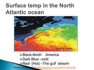Black-North America
Dark Blue –cold
Red- (Hot) –The gulf stream
Source -NASA
Picture courtesy - (http://en.wikipedia.org/wiki/Gulf_Stream)
 