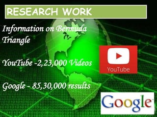 RESEARCH WORK
Information on Bermuda
Triangle
YouTube -2,23,000 Videos
Google - 85,30,000 results
 