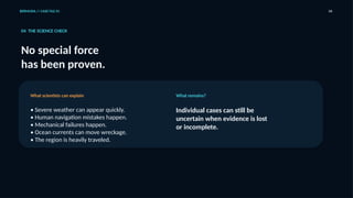 BERMUDA // CASE FILE 01 06
04 THE SCIENCE CHECK
No special force
has been proven.
What scientists can explain
• Severe weather can appear quickly.
• Human navigation mistakes happen.
• Mechanical failures happen.
• Ocean currents can move wreckage.
• The region is heavily traveled.
What remains?
Individual cases can still be
uncertain when evidence is lost
or incomplete.
 
