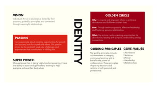 GOLDEN CIRCLE
Why: To inspire and empower others to embrace
abundance and fulfillment in their lives.
How: Through ambitious pursuits, effective leadership,
and fostering genuine relationships.
What: My actions involve creating opportunities for
abundance, leading with purpose, and building strong
connections.
IDENTITY
1.Abundance
2.Ambition
3.Power
4.Leadership
5.Relationships
CORE-VALUES
Individuals thrive in abundance, fueled by their
passions, guided by principles, and connected
through meaningful relationships.
VISION
PASSION
I am passionate about creating opportunities for growth
and success, both for myself and others. This passion
drives me to constantly seek new challenges and
experiences that contribute to a fulfilling life.
My guiding principles include
a commitment to integrity,
continuous learning, and a
belief in the power of
collaboration. These principles
shape my decisions and
actions in both personal and
professional.
GUIDING PRINCIPLES
SUPER POWER:
My superpower lies in being helpful and empowering. I have
the ability to assist and uplift others, wanting to help
everyone achieve their best selves.
 