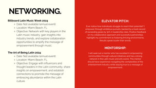 NETWORKING.
Billboard Latin Music Week 2024
Date: Not available (annual event)
Location: Miami Beach, FL
Objective: Network with key players in the
Latin music industry, gain insights into
industry trends, and explore collaboration
opportunities to amplify the message of
empowerment through music.
The Art of Being Latin 2024
Date: Not available (annual event)
Location: Miami Beach, FL
Objective: Engage with influencers and
thought leaders in the Latin community, share
insights on empowerment, and establish
connections to promote the message of
embracing abundance within the Latin
culture.
ELEVATOR PITCH:
MENTORSHIP:
Ever notice how individuals struggle to reach their potential? I
empower through ambitious pursuits, backed by a track record
of exceeding goals by 30% in leadership roles. Positive feedback
on my collaborative approach and successful partnerships
highlight my commitment to fostering thriving environments.
Results speak louder than words.
I will seek out a mentor who has excelled in empowering
communities through cultural initiatives and has a strong
network in the Latin music and arts scene. This mentor
should have experience navigating the complexities of the
entertainment industry while staying true to a message of
empowerment.
 