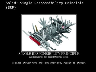 Solid: Single Responsibility Principle (SRP)A class should have one, and only one, reason to change.