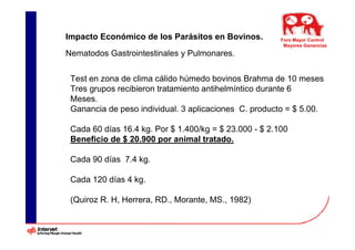 Impacto Económico de los Parásitos en Bovinos.          Foro Mayor Control
                                                         Mayores Ganancias
Nematodos Gastrointestinales y Pulmonares.


 Test en zona de clima cálido húmedo bovinos Brahma de 10 meses
 Tres grupos recibieron tratamiento antihelmíntico durante 6
 Meses.
 Ganancia de peso individual. 3 aplicaciones C. producto = $ 5.00.

 Cada 60 días 16.4 kg. Por $ 1.400/kg = $ 23.000 - $ 2.100
 Beneficio de $ 20.900 por animal tratado.

 Cada 90 días 7.4 kg.

 Cada 120 días 4 kg.

 (Quiroz R. H, Herrera, RD., Morante, MS., 1982)
 
