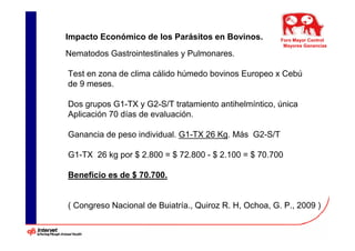 Impacto Económico de los Parásitos en Bovinos.          Foro Mayor Control
                                                         Mayores Ganancias
Nematodos Gastrointestinales y Pulmonares.

Test en zona de clima cálido húmedo bovinos Europeo x Cebú
de 9 meses.

Dos grupos G1-TX y G2-S/T tratamiento antihelmíntico, única
Aplicación 70 días de evaluación.

Ganancia de peso individual. G1-TX 26 Kg. Más G2-S/T

G1-TX 26 kg por $ 2.800 = $ 72.800 - $ 2.100 = $ 70.700

Beneficio es de $ 70.700.


( Congreso Nacional de Buiatría., Quiroz R. H, Ochoa, G. P., 2009 )
 