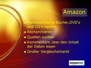 Amazon Fachspezifische Bücher,DVD’s und CD’s kaufen Recherchieren Quellen suchen Kommentare über den Inhalt der Daten lesen Großer Vergleichsmarkt 