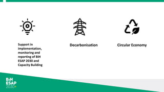 Support in
implementation,
monitoring and
reporting of BiH
ESAP 2030 and
Capacity Building
Decarbonisation Circular Economy
 