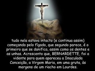 tudo nela estava intacto (e continua assim)
começando pelo fígado, que segundo parece, é o
primeiro que se danifica, assim como os dentes e
as unhas. Acrescento que, BERNARDETTE, foi a
    vidente para quem apareceu a Imaculada
  Conceição, a Virgem Maria, em uma gruta, às
       margens de um riacho em Lourdes.
 