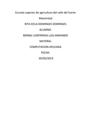 Escuela superior de agricultura del valle del fuerte
                    Maestro(a)
        RITA ICELA DOMINGES DOMINGES
                    ALUMNO:
      BERNAL CONTRERAS LUIS ARMANDO
                    MATERIA:
            COMPUTACION APLICADA
                      FECHA:
                    05/02/2013
 