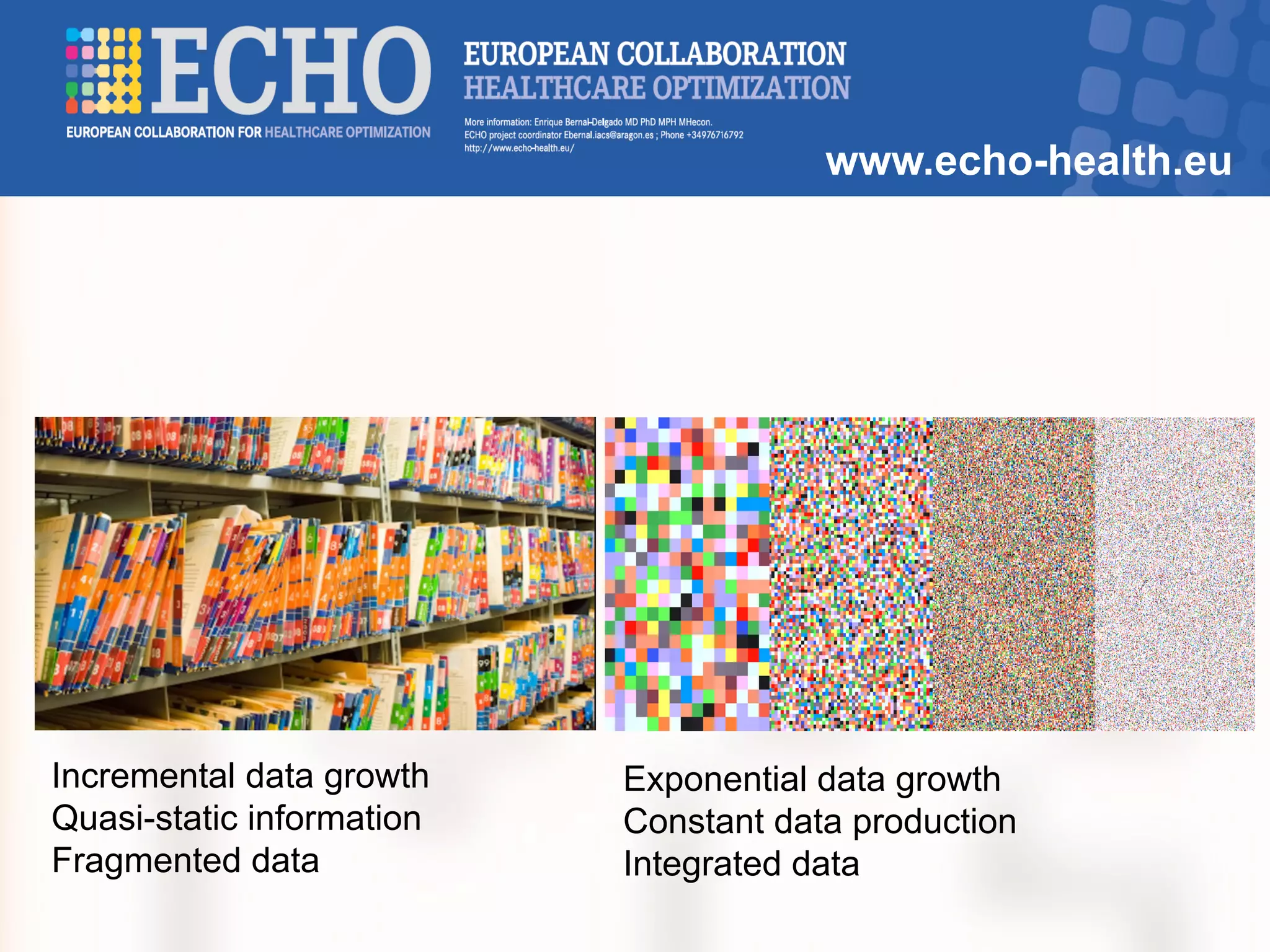 www.echo-health.eu
Exponential data growth
Constant data production
Integrated data
Incremental data growth
Quasi-static information
Fragmented data
 