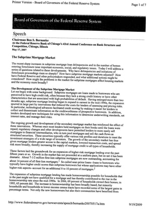 Bernanke May 17 2007 On Subprime Mortgages