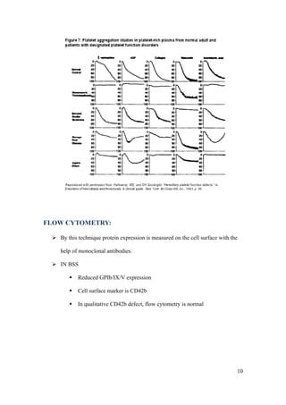 FLOW CYTOMETRY:

  By this technique protein expression is measured on the cell surface with the

    help of monoclonal antibodies.

  IN BSS

           Reduced GPIb/IX/V expression

           Cell surface marker is CD42b

           In qualitative CD42b defect, flow cytometry is normal




                                                                               10
 