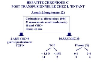 HEPATITE CHRONIQUE C  POST TRANSFUSIONNELLE CHEZ L ’ENFANT Avenir à long terme   (2) Casiraghi et al (Hepatology 2004) 31 nouveau-nés minitransfusion(s) 18 anti VHC+ Recul: 30 ans 2 ARN VHC<0 guéris spontanément TGP N 16 ARN VHC >0 TGP Fibrose (/6) < 1.5 N  >1.5N   0-1   3-4 14   2   9   2 