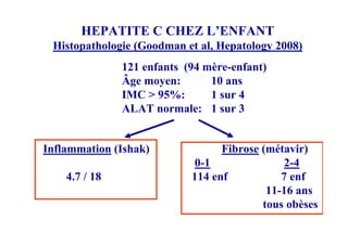 HEPATITE C CHEZ L’ENFANT
 Histopathologie (Goodman et al, Hepatology 2008)
               121 enfants (94 mère-enfant)
               Âge moyen:       10 ans
               IMC > 95%:       1 sur 4
               ALAT normale: 1 sur 3


Inflammation (Ishak)              Fibrose (métavir)
                            0-1               2-4
    4.7 / 18                114 enf           7 enf
                                           11-16 ans
                                          tous obèses
 