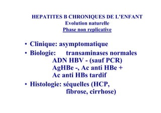 HEPATITES B CHRONIQUES DE L’ENFANT
            Evolution naturelle
           Phase non replicative

• Clinique: asymptomatique
• Biologie: transaminases normales
          ADN HBV - (sauf PCR)
          AgHBe -, Ac anti HBe +
          Ac anti HBs tardif
• Histologie: séquelles (HCP,
               fibrose, cirrhose)
 