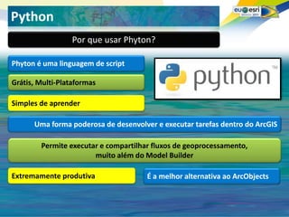 Seu logo aqui!
Python
                 Por que usar Phyton?

Phyton é uma linguagem de script

Grátis, Multi-Plataformas

Simples de aprender

      Uma forma poderosa de desenvolver e executar tarefas dentro do ArcGIS

        Permite executar e compartilhar fluxos de geoprocessamento,
                       muito além do Model Builder

Extremamente produtiva                É a melhor alternativa ao ArcObjects
 