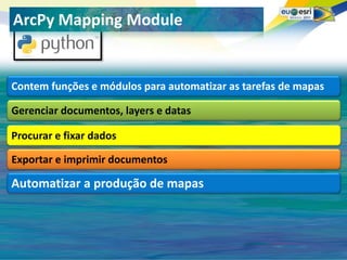 Seu logo aqui!
ArcPy Mapping Module


Contem funções e módulos para automatizar as tarefas de mapas

Gerenciar documentos, layers e datas

Procurar e fixar dados

Exportar e imprimir documentos

Automatizar a produção de mapas
 