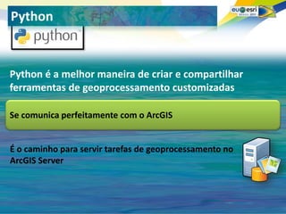 Seu logo aqui!
Python


Python é a melhor maneira de criar e compartilhar
ferramentas de geoprocessamento customizadas

Se comunica perfeitamente com o ArcGIS


É o caminho para servir tarefas de geoprocessamento no
ArcGIS Server
 