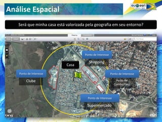 Seu logo aqui!
Análise Espacial
   Será que minha casa está valorizada pela geografia em seu entorno?




                                      Ponto de Interesse

                                        Shopping
                            Casa

   Ponto de Interesse                                      Ponto de Interesse

        Clube                                                 Posto de
                                                             Combustível



                                        Ponto de Interesse

                                       Supermercado
 