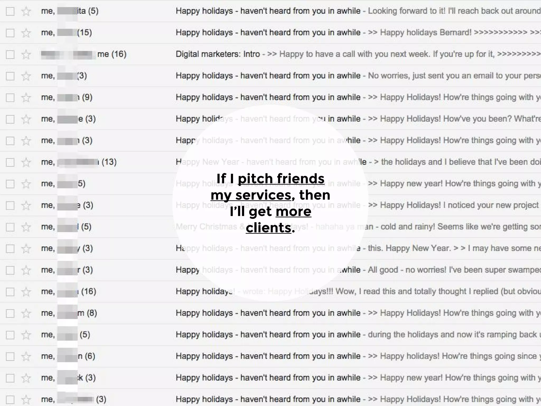 If I pitch friends
my services, then
I’ll get more
clients.
 