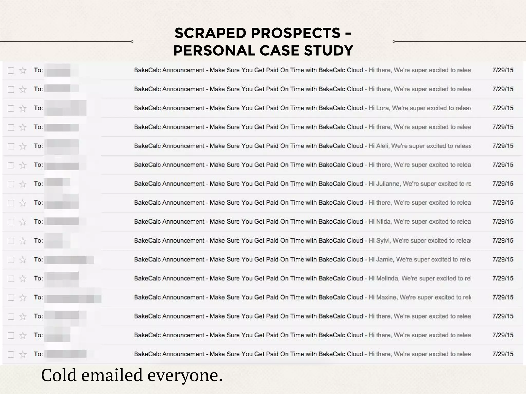 SCRAPED PROSPECTS -
PERSONAL CASE STUDY
Cold emailed everyone.
 
