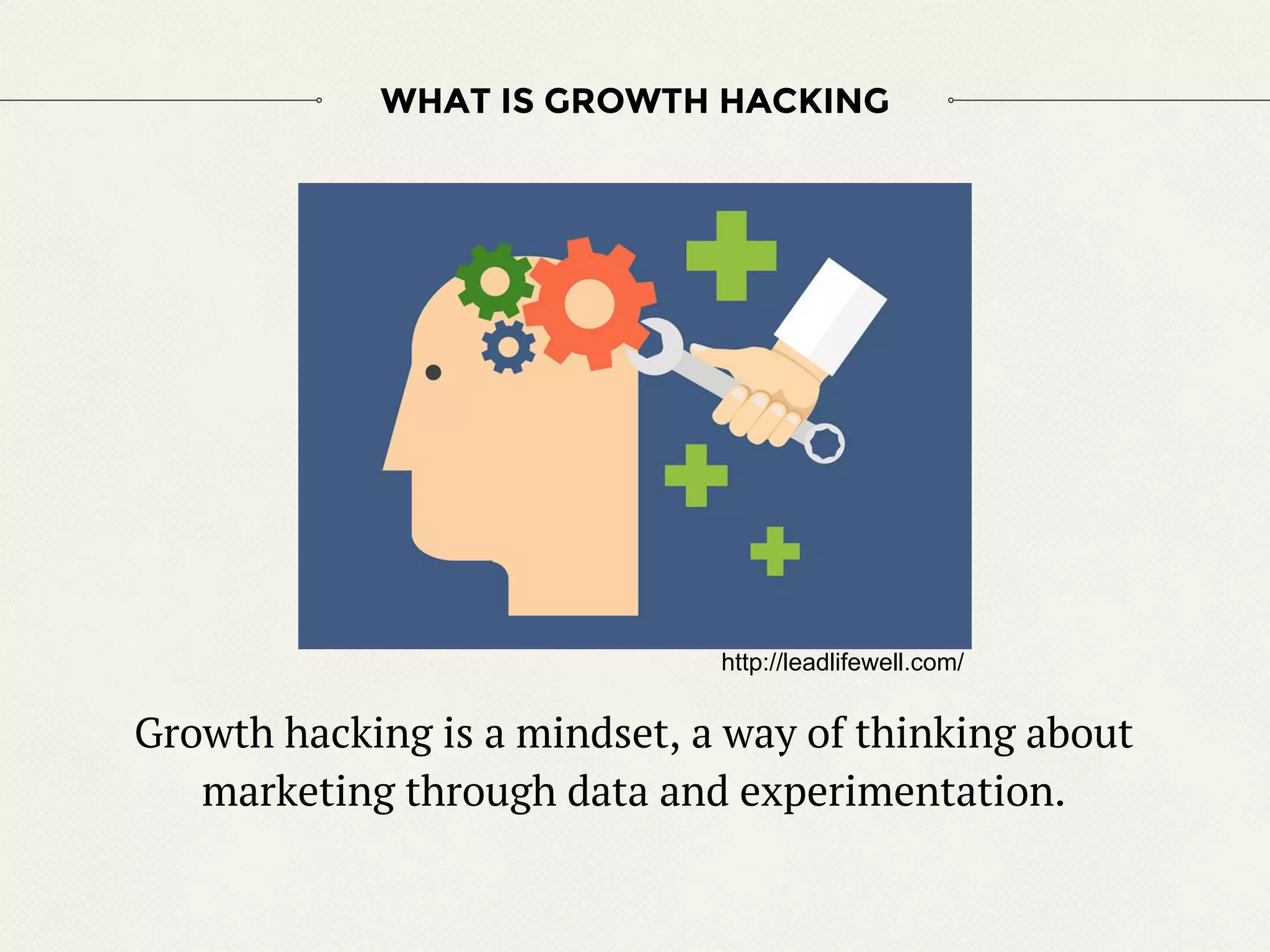 Growth hacking is a mindset, a way of thinking about
marketing through data and experimentation.
WHAT IS GROWTH HACKING
http://leadlifewell.com/
 