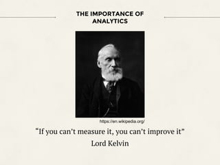 THE IMPORTANCE OF
ANALYTICS
“If you can’t measure it, you can’t improve it”
Lord Kelvin
https://en.wikipedia.org/
 