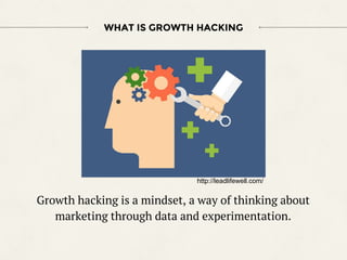 Growth hacking is a mindset, a way of thinking about
marketing through data and experimentation.
WHAT IS GROWTH HACKING
ht...