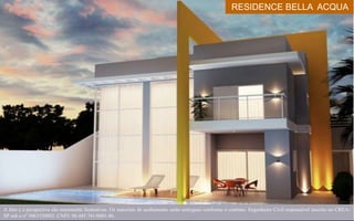 RESIDENCE BELLA ACQUA
A foto e a perspectiva são meramente ilustrativas. Os materiais de acabamento serão entregues conforme o contrato. Engenheiro Civil responsável inscrito no CREA-
SP sob o nº 5063330092. CNPJ: 00.445.741/0001-86.
 