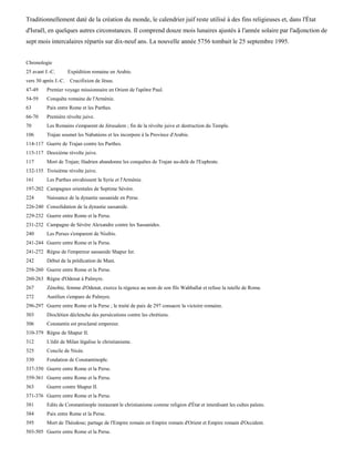 Traditionnellement daté de la création du monde, le calendrier juif reste utilisé à des fins religieuses et, dans l'État
d'Israël, en quelques autres circonstances. Il comprend douze mois lunaires ajustés à l'année solaire par l'adjonction de
sept mois intercalaires répartis sur dix-neuf ans. La nouvelle année 5756 tombait le 25 septembre 1995.


Chronologie
25 avant J.-C.      Expédition romaine en Arabie.
vers 30 après J.-C. Crucifixion de Jésus.
47-49     Premier voyage missionnaire en Orient de l'apôtre Paul.
54-59     Conquête romaine de l'Arménie.
63        Paix entre Rome et les Parthes.
66-70     Première révolte juive.
70        Les Romains s'emparent de Jérusalem ; fin de la révolte juive et destruction du Temple.
106       Trajan soumet les Nabatéens et les incorpore à la Province d'Arabie.
114-117 Guerre de Trajan contre les Parthes.
115-117 Deuxième révolte juive.
117       Mort de Trajan; Hadrien abandonne les conquêtes de Trajan au-delà de l'Euphrate.
132-135 Troisième révolte juive.
161       Les Parthes envahissent la Syrie et l'Arménie.
197-202 Campagnes orientales de Septime Sévère.
224       Naissance de la dynastie sassanide en Perse.
226-240 Consolidation de la dynastie sassanide.
229-232 Guerre entre Rome et la Perse.
231-232 Campagne de Sévère Alexandre contre les Sassanides.
240       Les Perses s'emparent de Nisibis.
241-244 Guerre entre Rome et la Perse.
241-272 Règne de l'empereur sassanide Shapur Ier.
242       Début de la prédication de Mani.
258-260 Guerre entre Rome et la Perse.
260-263 Règne d'Odenat à Palmyre.
267       Zénobie, femme d'Odenat, exerce la régence au nom de son fils Wahballat et refuse la tutelle de Rome.
272       Aurélien s'empare de Palmyre.
296-297 Guerre entre Rome et la Perse ; le traité de paix de 297 consacre la victoire romaine.
303       Dioclétien déclenche des persécutions contre les chrétiens.
306       Constantin est proclamé empereur.
310-379 Règne de Shapur II.
312       L'édit de Milan légalise le christianisme.
325       Concile de Nicée.
330       Fondation de Constantinople.
337-350 Guerre entre Rome et la Perse.
359-361 Guerre entre Rome et la Perse.
363       Guerre contre Shapur II.
371-376 Guerre entre Rome et la Perse.
381       Edits de Constantinople instaurant le christianisme comme religion d'État et interdisant les cultes païens.
384       Paix entre Rome et la Perse.
395       Mort de Théodose; partage de l'Empire romain en Empire romain d'Orient et Empire romain d'Occident.
503-505 Guerre entre Rome et la Perse.
 