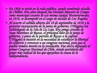 En 1804 se inició en la vida pública, siendo nombrado alcalde de Chillán. Dos años después fue titulado Maestre de Campo como municipal cesante de esa misma ciudad. Posteriormente, en 1810, se desempeñó en el cargo de alcalde de Los Ángeles. Al ocurrir el cabildo abierto del 18 de septiembre de 1810 y la posterior instauración de la junta de gobierno, O'Higgins era Subdelegado de la Isla de La Laja. Era amigo cercano de Juan Martínez de Rozas, el principal líder de la junta de gobierno, y antes de la partida de Rozas a la capital O’Higgins le insistió en la necesidad de establecer la libertad de comercio y convocar a un congreso nacional, para que el pueblo tomara interés en la revolución. Fue electo diputado al primer Congreso Nacional de Chile, siendo partidario del grupo más radical de los que apoyaban la causa de la independencia.  