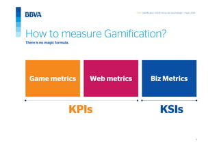 11
GWC Gamification 5.000 horas de Aprendizaje – mayo 2014
How to measure Gamification?
Game metrics
There is no magic formula.
Web metrics Biz Metrics
KPIs KSIs
 