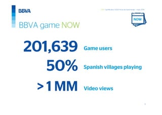 17
GWC Gamification 5.000 horas de Aprendizaje – mayo 2014
201,639 Game users
> 1 MM Video views
50% Spanish villages playing
BBVA game NOW
NOW
 