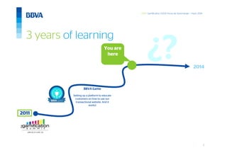 2
GWC Gamification 5.000 horas de Aprendizaje – mayo 2014
BBVA Game
Setting up a platform to educate
customers on how to use our
transactional website. And it
works!
2011
2014
3 years of learning
You are
here
 
