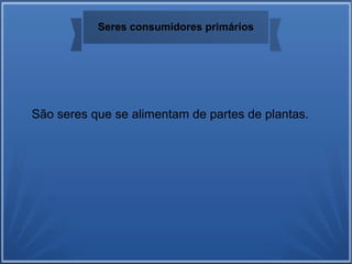 Seres consumidores primários
São seres que se alimentam de partes de plantas.
 