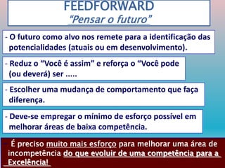 FEEDFORWARD
“Pensar o futuro”
- Escolher uma mudança de comportamento que faça
diferença.
- O futuro como alvo nos remete para a identificação das
potencialidades (atuais ou em desenvolvimento).
- Reduz o “Você é assim” e reforça o “Você pode
(ou deverá) ser .....
- É preciso muito mais esforço para melhorar uma área de
incompetência do que evoluir de uma competência para a
Excelência!
- Deve-se empregar o mínimo de esforço possível em
melhorar áreas de baixa competência.
 