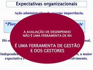 Expectativas organizacionais
Ação administrativa de enorme importância.
“Pior do que ser avaliado negativamente
é não saber como estamos indo”
Há sempre uma grande expectativa, no quadro funcional,
quanto à essa ação.
Independentemente de eventual retorno financeiro, a maior
expectativa é o do reconhecimento e desenvolvimento.
A AVALIAÇÃO DE DESEMPENHO
NÃO É UMA FERRAMENTA DE RH
É UMA FERRAMENTA DE GESTÃO
E DOS GESTORES
 