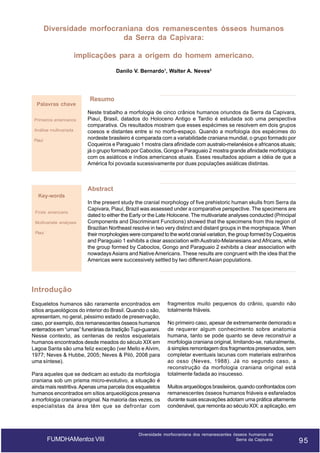 Diversidade morfocraniana dos remanescentes ósseos humanos
da Serra da Capivara:
implicações para a origem do homem americano.
Danilo V. Bernardo1, Walter A. Neves2

Palavras chave
Primeiros americanos
Análise multivariada
Piauí

Resumo
Neste trabalho a morfologia de cinco crânios humanos oriundos da Serra da Capivara,
Piauí, Brasil, datados do Holoceno Antigo e Tardio é estudada sob uma perspectiva
comparativa. Os resultados mostram que esses espécimes se resolvem em dois grupos
coesos e distantes entre si no morfo-espaço. Quando a morfologia dos espécimes do
nordeste brasileiro é comparada com a variabilidade craniana mundial, o grupo formado por
Coqueiros e Paraguaio 1 mostra clara afinidade com australo-melanésios e africanos atuais;
já o grupo formado por Caboclos, Gongo e Paraguaio 2 mostra grande afinidade morfológica
com os asiáticos e índios americanos atuais. Esses resultados apóiam a idéia de que a
América foi povoada sucessivamente por duas populações asiáticas distintas.

Abstract
Key-words
Firsts americans
Multivariate analyses
Piauí

In the present study the cranial morphology of five prehistoric human skulls from Serra da
Capivara, Piauí, Brazil was assessed under a comparative perspective. The specimens are
dated to either the Early or the Late Holocene. The multivariate analyses conducted (Principal
Components and Discriminant Functions) showed that the specimens from this region of
Brazilian Northeast resolve in two very distinct and distant groups in the morphspace. When
their morphologies were compared to the world cranial variation, the group formed by Coqueiros
and Paraguaio 1 exhibits a clear association with Australo-Melanesians and Africans, while
the group formed by Caboclos, Gongo and Paraguaio 2 exhibits a clear association with
nowadays Asians and Native Americans. These results are congruent with the idea that the
Americas were successively settled by two different Asian populations.

Introdução
Esqueletos humanos são raramente encontrados em
sítios arqueológicos do interior do Brasil. Quando o são,
apresentam, no geral, péssimo estado de preservação,
caso, por exemplo, dos remanescentes ósseos humanos
enterrados em “urnas” funerárias da tradição Tupi-guarani.
Nesse contexto, as centenas de restos esqueletais
humanos encontrados desde meados do século XIX em
Lagoa Santa são uma feliz exceção (ver Mello e Alvim,
1977; Neves & Hubbe, 2005; Neves & Piló, 2008 para
uma síntese).
Para aqueles que se dedicam ao estudo da morfologia
craniana sob um prisma micro-evolutivo, a situação é
ainda mais restritiva. Apenas uma parcela dos esqueletos
humanos encontrados em sítios arqueológicos preserva
a morfologia craniana original. Na maioria das vezes, os
especialistas da área têm que se defrontar com

FUMDHAMentos VIII

fragmentos muito pequenos do crânio, quando não
totalmente friáveis.
No primeiro caso, apesar de extremamente demorado e
de requerer algum conhecimento sobre anatomia
humana, tanto se pode quanto se deve reconstruir a
morfologia craniana original, limitando-se, naturalmente,
à simples remontagem dos fragmentos preservados, sem
completar eventuais lacunas com materiais estranhos
ao osso (Neves, 1988). Já no segundo caso, a
reconstrução da morfologia craniana original está
totalmente fadada ao insucesso.
Muitos arqueólogos brasileiros, quando confrontados com
remanescentes ósseos humanos friáveis e esfarelados
durante suas escavações adotam uma prática altamente
condenável, que remonta ao século XIX: a aplicação, em

Diversidade morfocraniana dos remanescentes ósseos humanos da
Serra da Capivara:

95

95

 