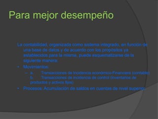 Para mejor desempeño

 La contabilidad, organizada como sistema integrado, en función de
    una base de datos y de acuerdo con los propósitos ya
    establecidos para la misma, puede esquematizarse de la
    siguiente manera:
 • Movimientos:
    – a.   Transacciones de Incidencia económico-Financiera (contable)
      b.   Transacciones de incidencia de control (inventarios de
      productos y activos fijos)
 • Procesos: Acumulación de saldos en cuentas de nivel superior.
 